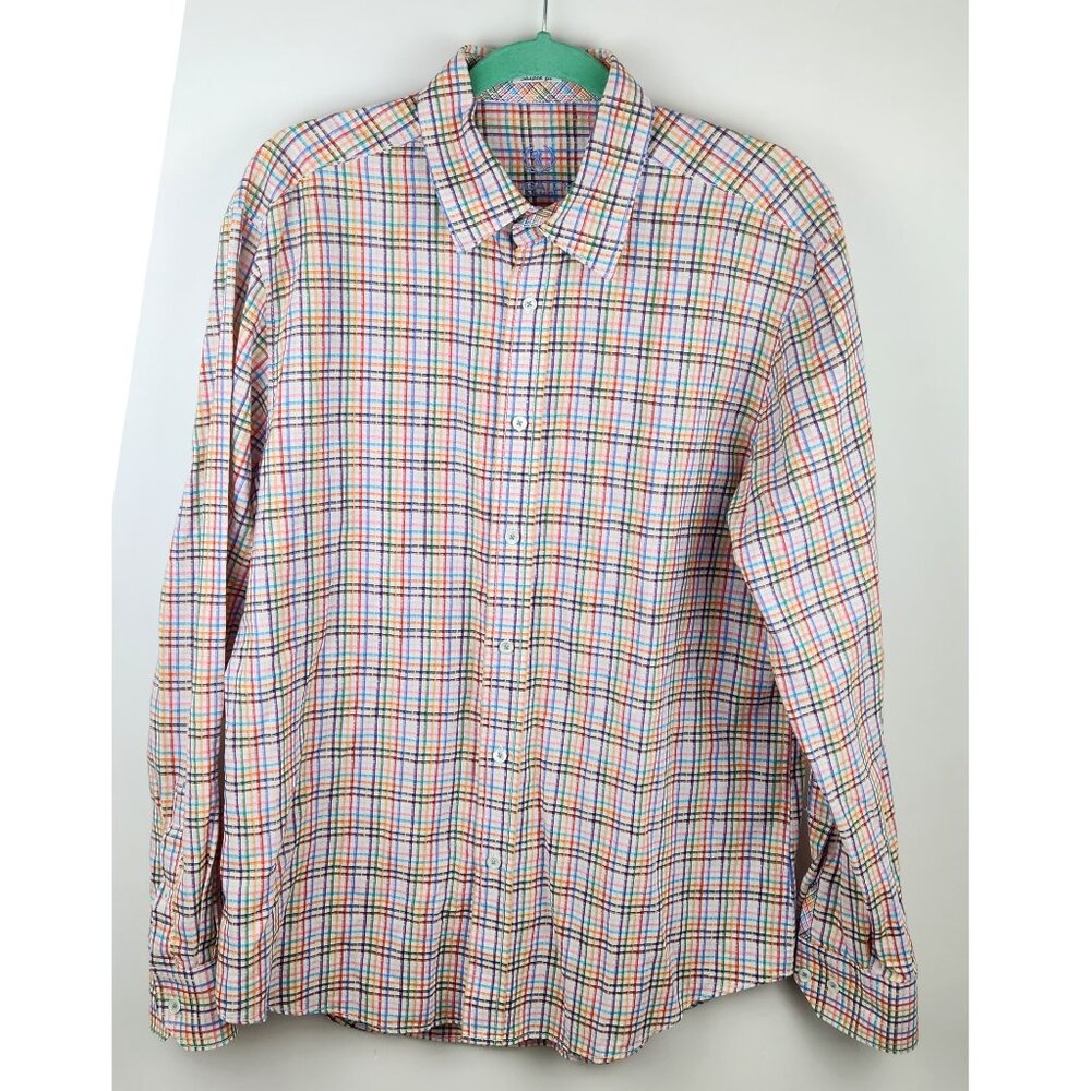 Bugatchi Uomo Linen Cotton Rainbow Plaid Shaped Fit Button Up Shirt sz L